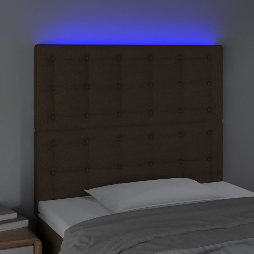sengegavl med LED-lys 90x5x118/128 cm stof mørkebrun