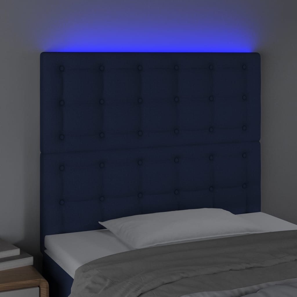 sengegavl med LED-lys 90x5x118/128 cm stof blå
