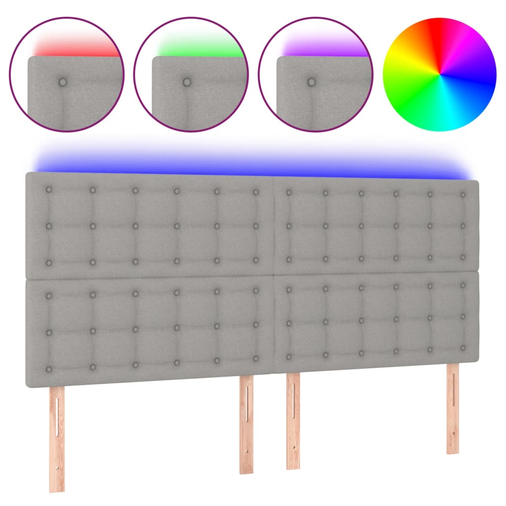 sengegavl med LED-lys 160x5x118/128 cm stof lysegrå