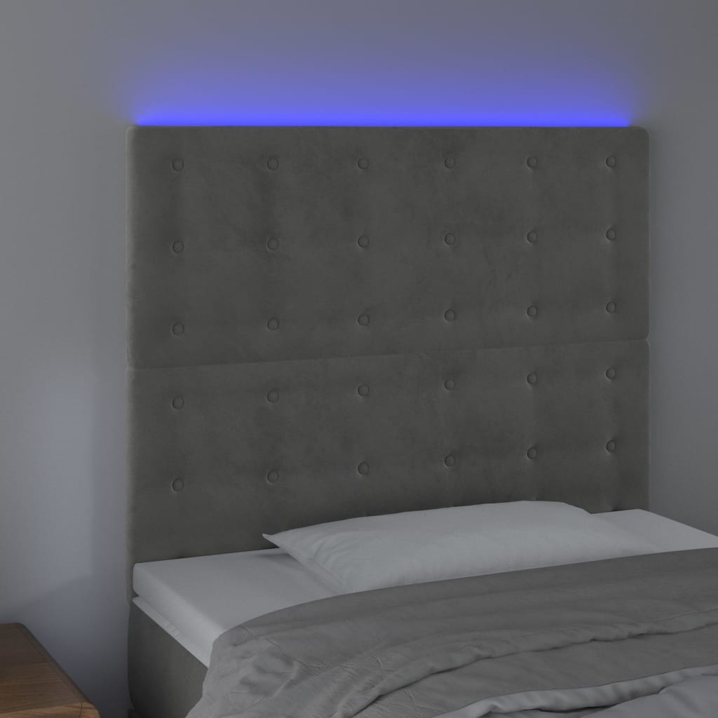 sengegavl med LED-lys 90x5x118/128 cm fløjl lysegrå
