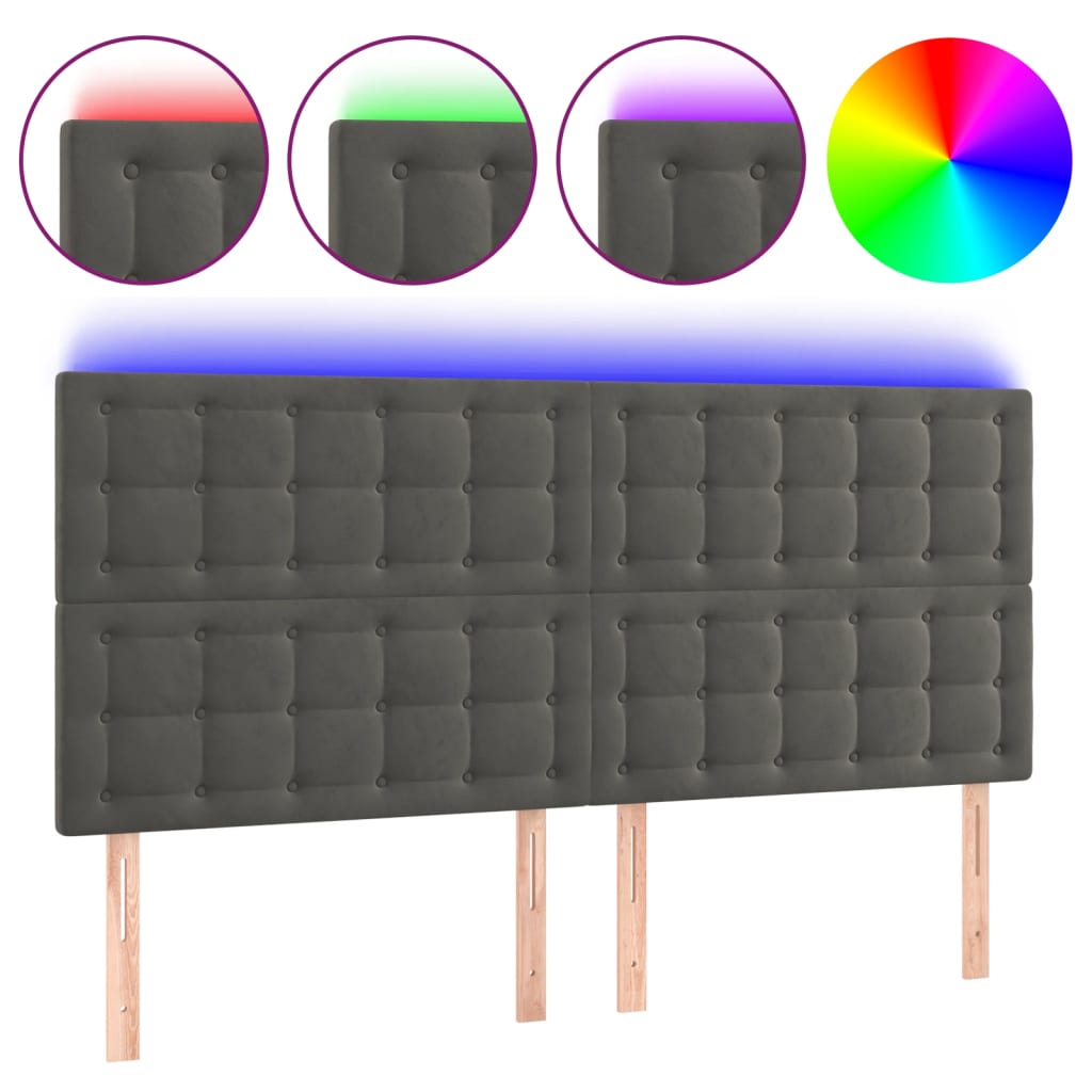 sengegavl med LED-lys 180x5x118/128 cm fløjl mørkegrå