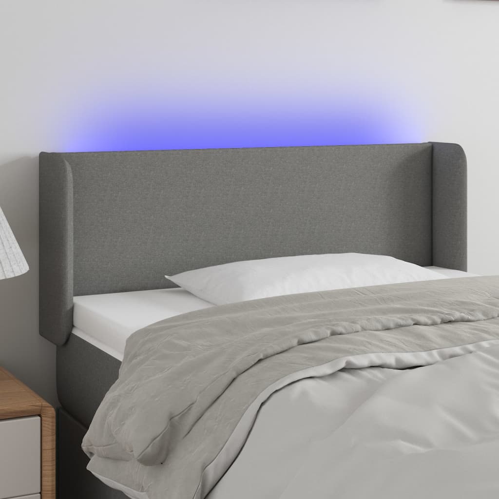 sengegavl med LED-lys 93x16x78/88 cm stof mørkegrå