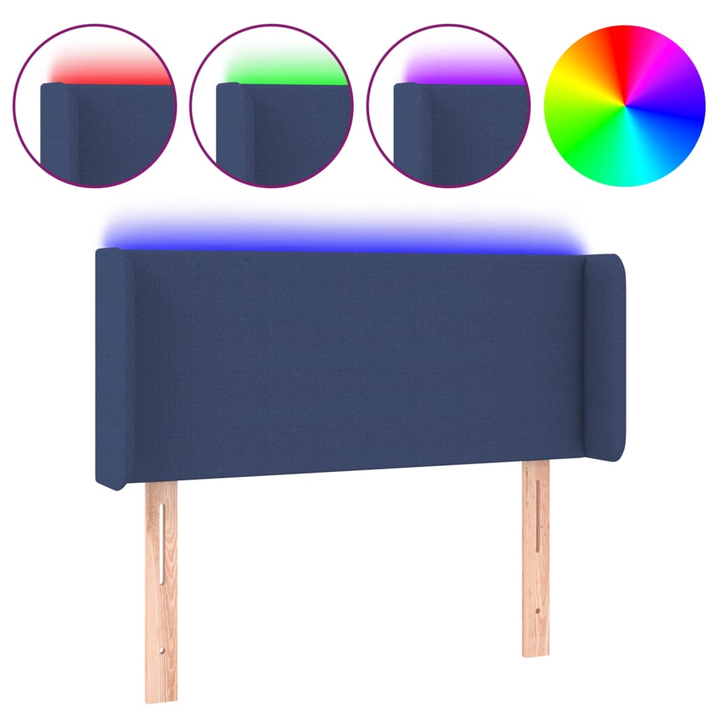 sengegavl med LED-lys 93x16x78/88 cm stof blå