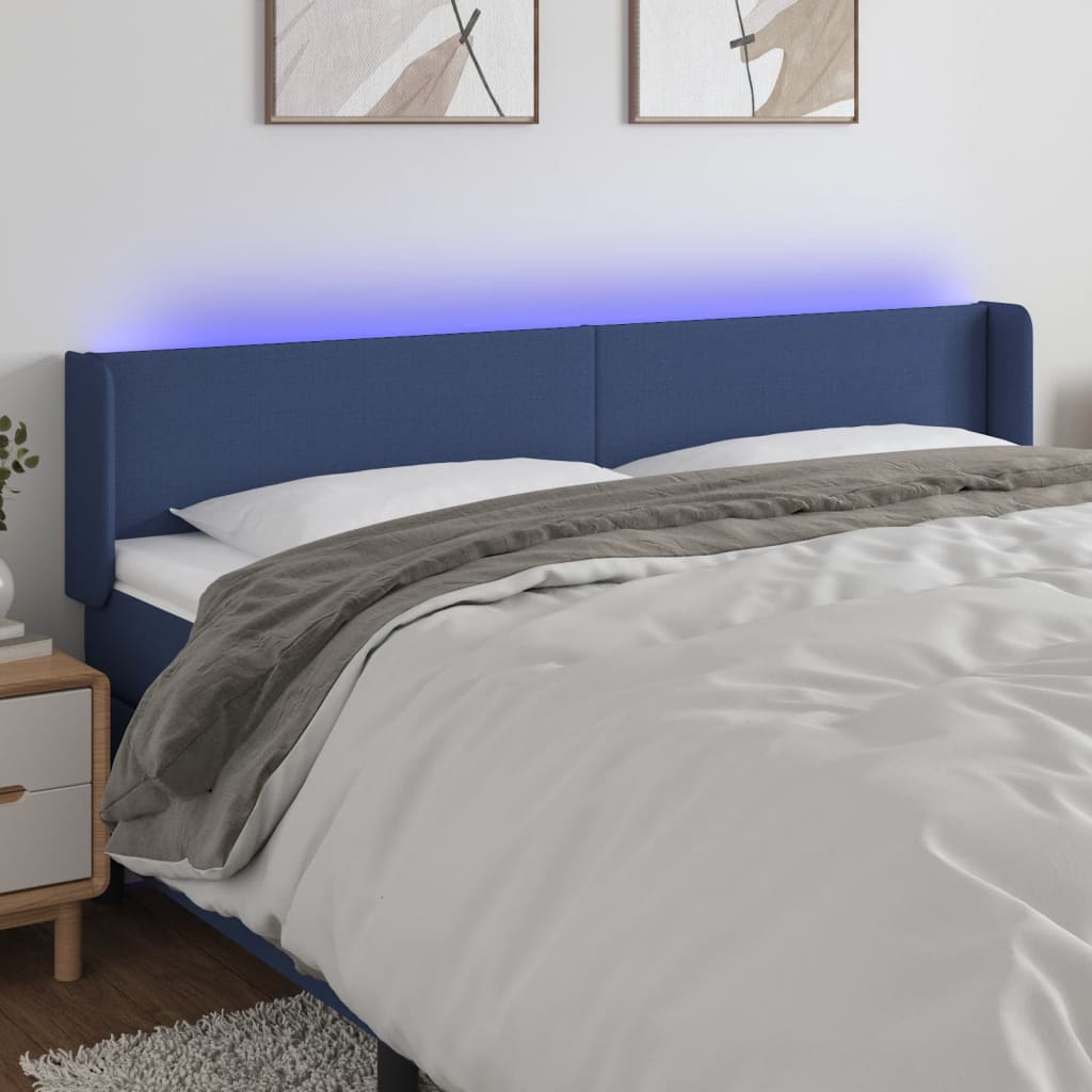 sengegavl med LED-lys 163x16x78/88 cm stof blå