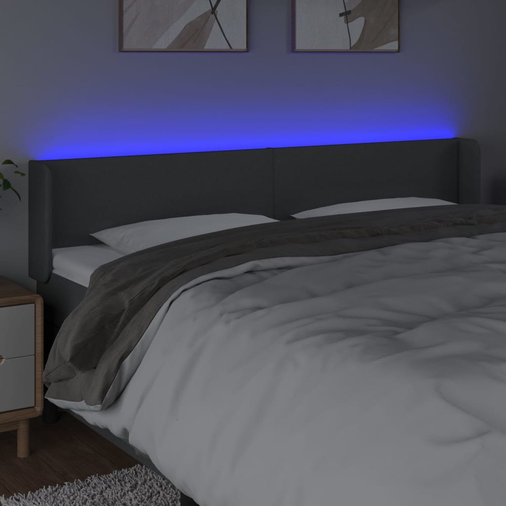 sengegavl med LED-lys 203x16x78/88 cm stof mørkegrå