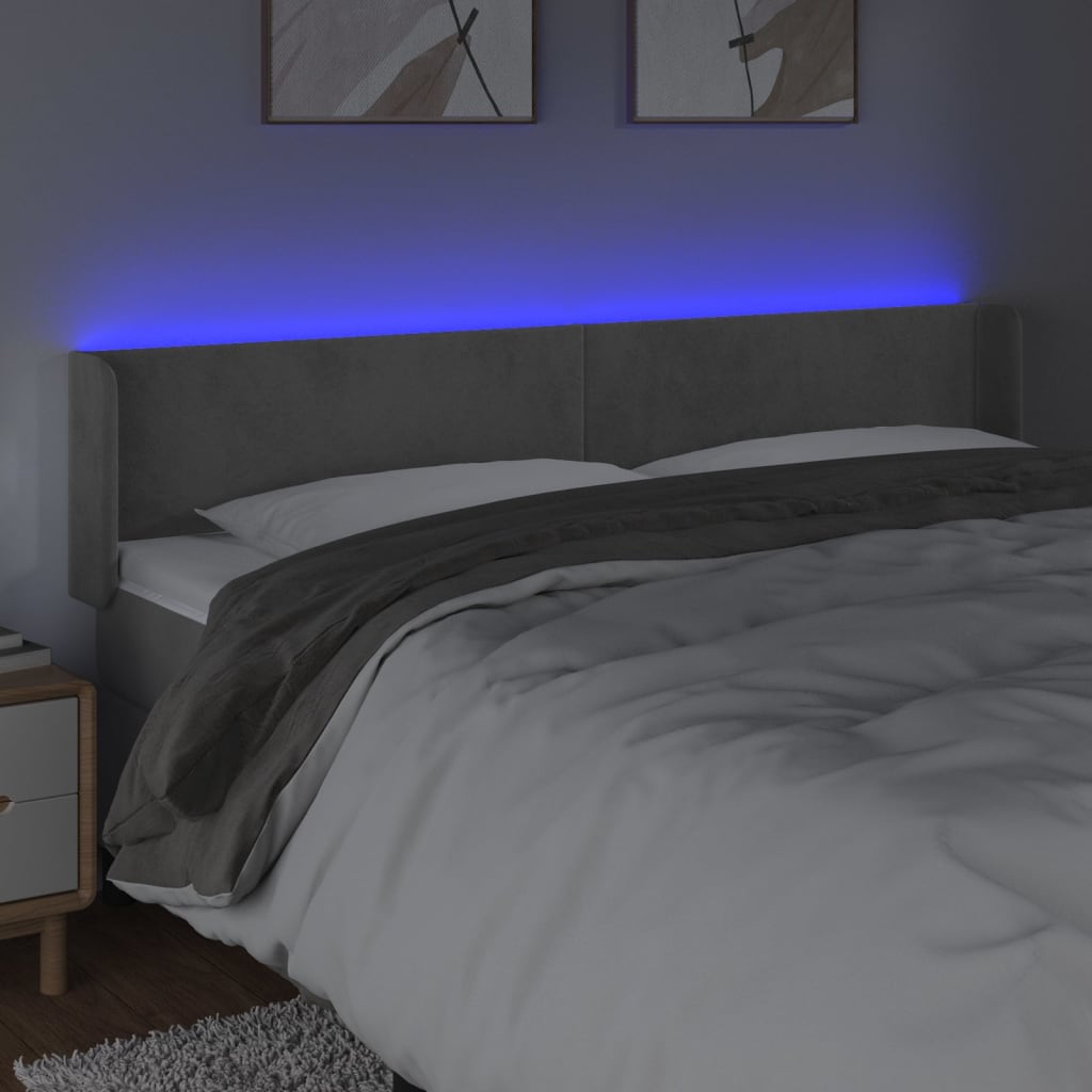 sengegavl med LED-lys 183x16x78/88 cm fløjl lysegrå
