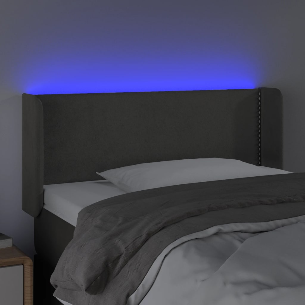 sengegavl med LED-lys 93x16x78/88 cm fløjl mørkegrå