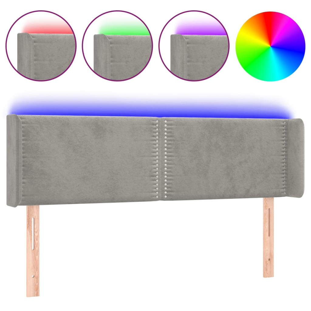 sengegavl med LED-lys 147x16x78/88 cm fløjl lysegrå