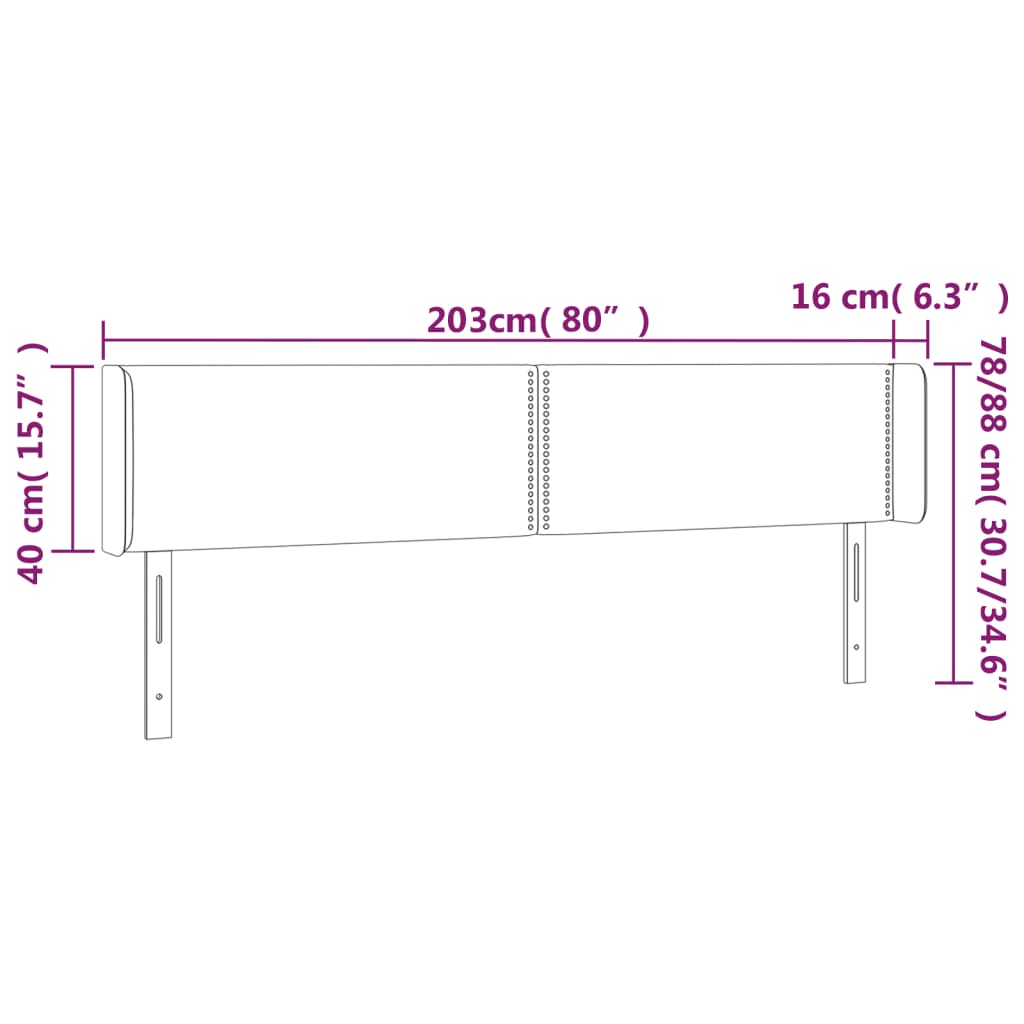 sengegavl med LED-lys 203x16x78/88 cm fløjl lysegrå