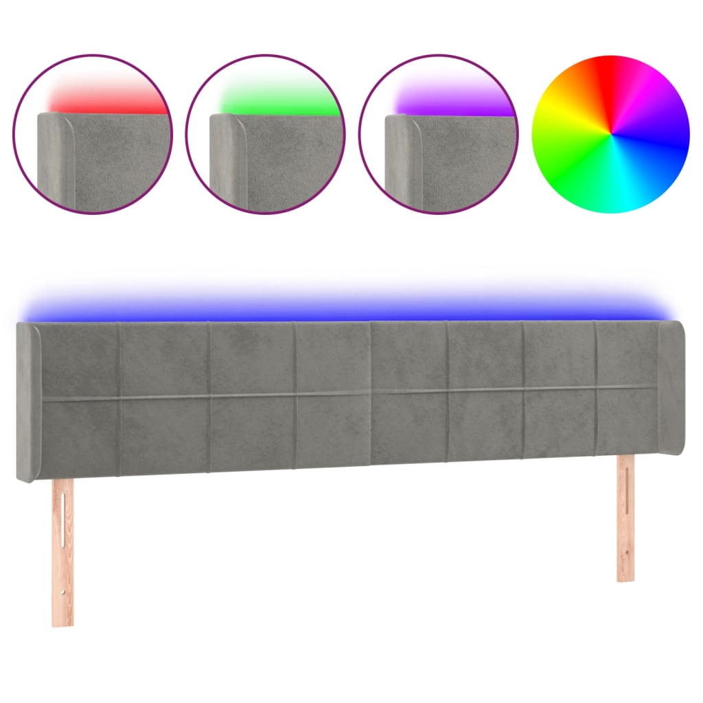 sengegavl med LED-lys 163x16x78/88 cm fløjl lysegrå
