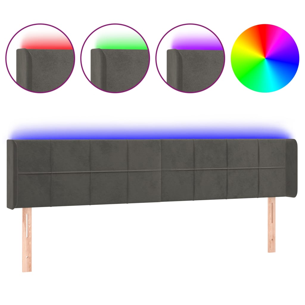 sengegavl med LED-lys 163x16x78/88 cm fløjl mørkegrå
