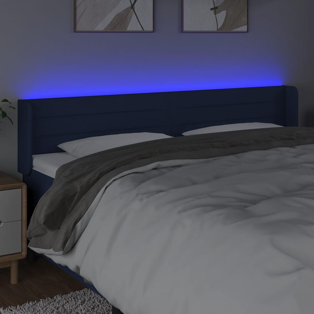 sengegavl med LED-lys 163x16x78/88 cm stof blå