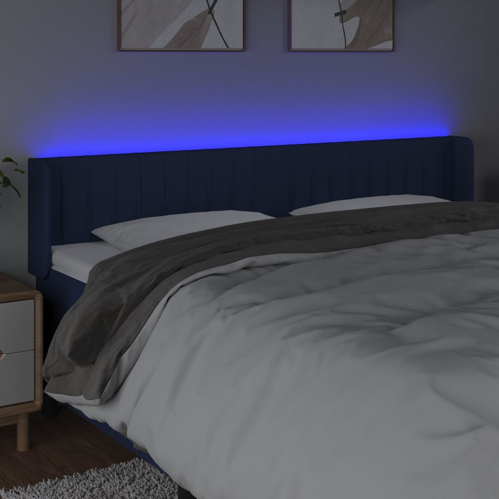 sengegavl med LED-lys 163x16x78/88 cm stof blå