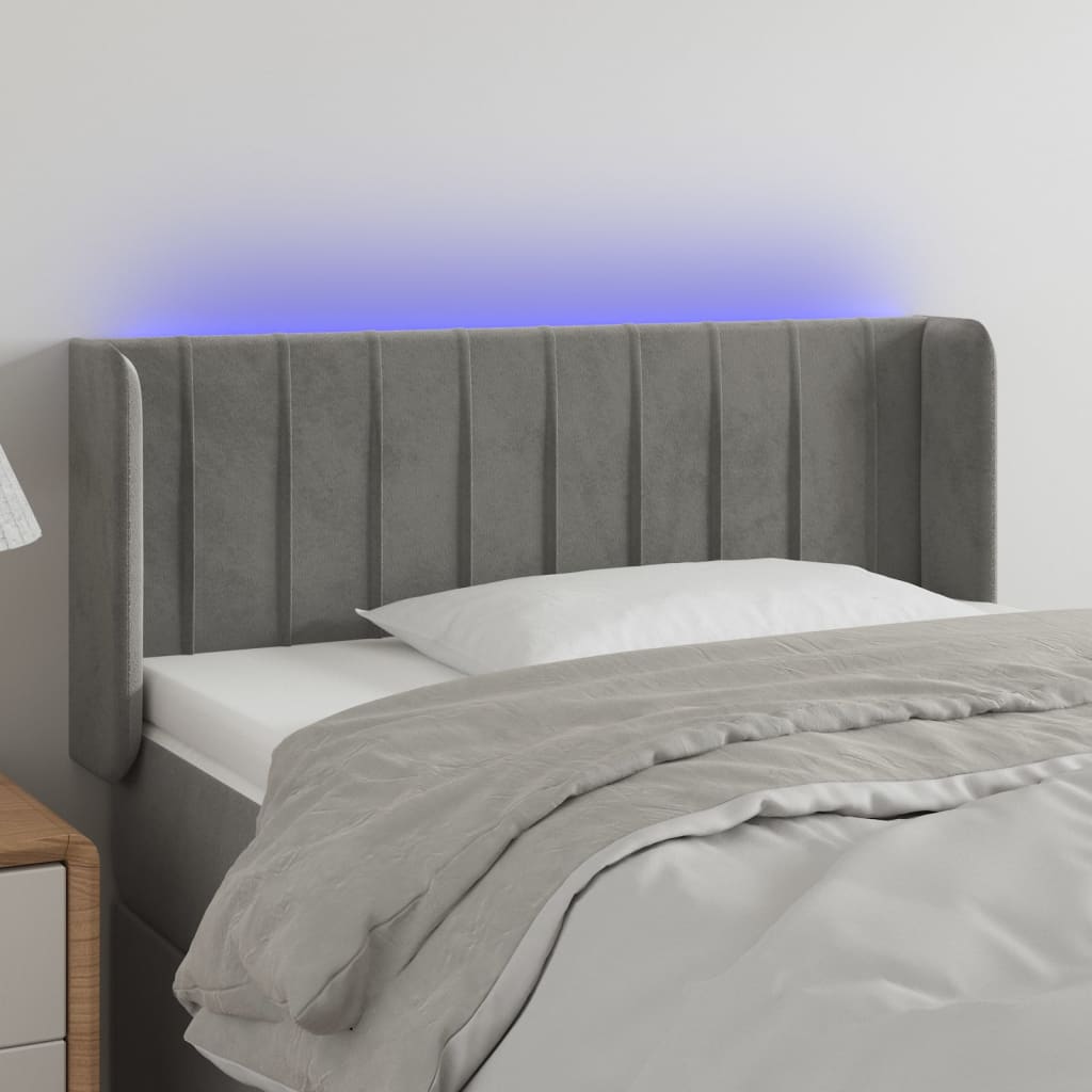 sengegavl med LED-lys 83x16x78/88 cm fløjl lysegrå