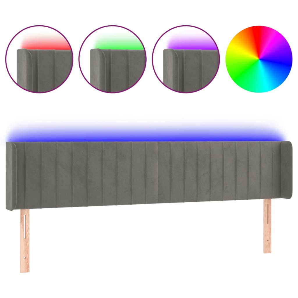 sengegavl med LED-lys 163x16x78/88 cm fløjl mørkegrå