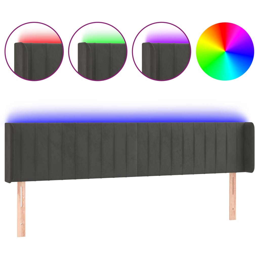 sengegavl med LED-lys 183x16x78/88 cm fløjl mørkegrå