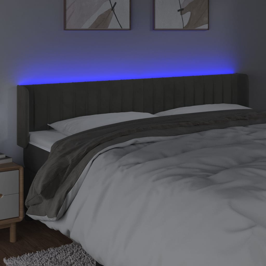 sengegavl med LED-lys 203x16x78/88 cm fløjl mørkegrå