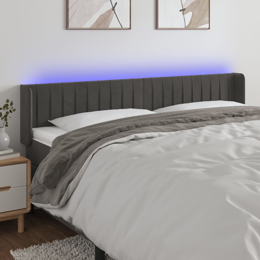 sengegavl med LED-lys 203x16x78/88 cm fløjl mørkegrå