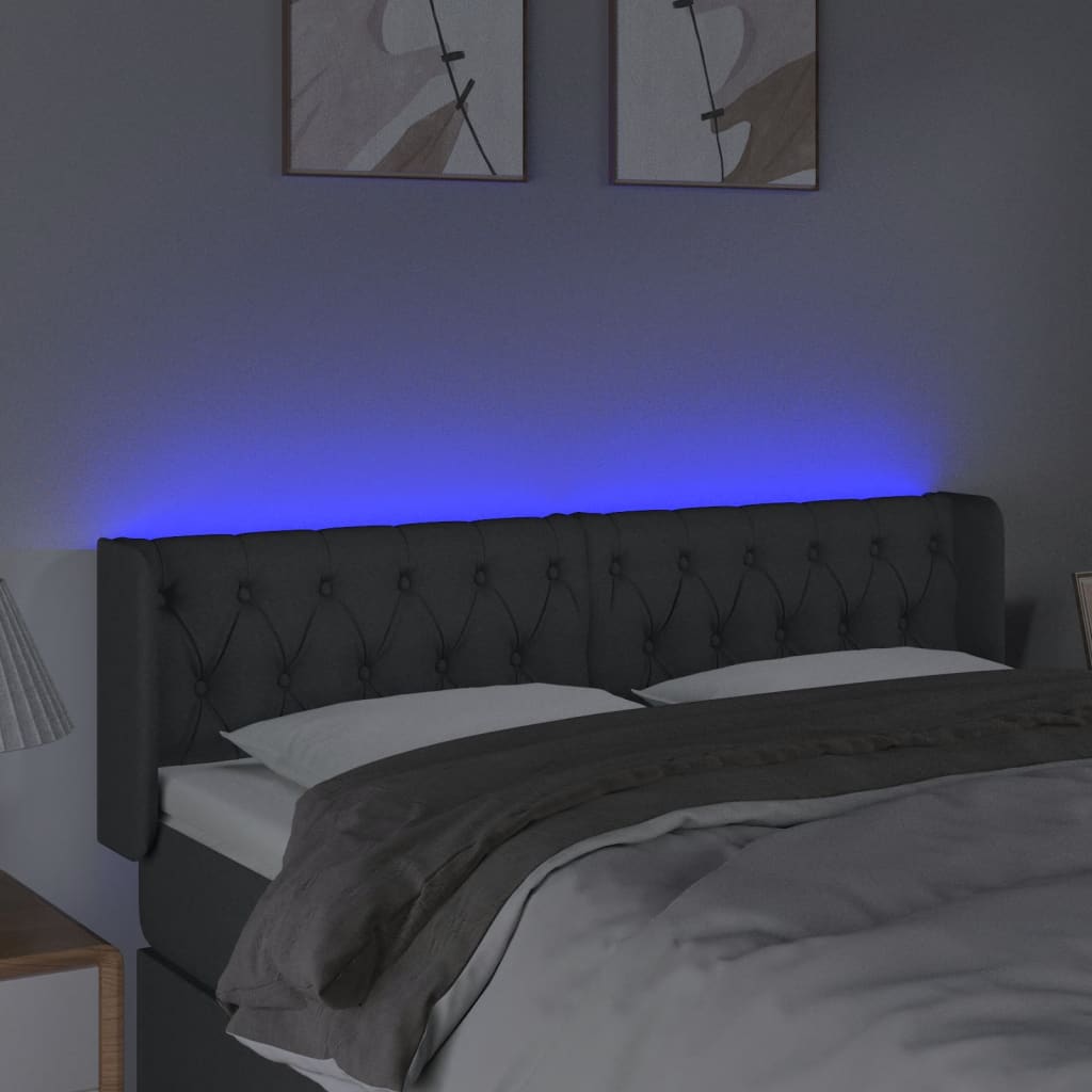 sengegavl med LED-lys 163x16x78/88 cm stof mørkegrå