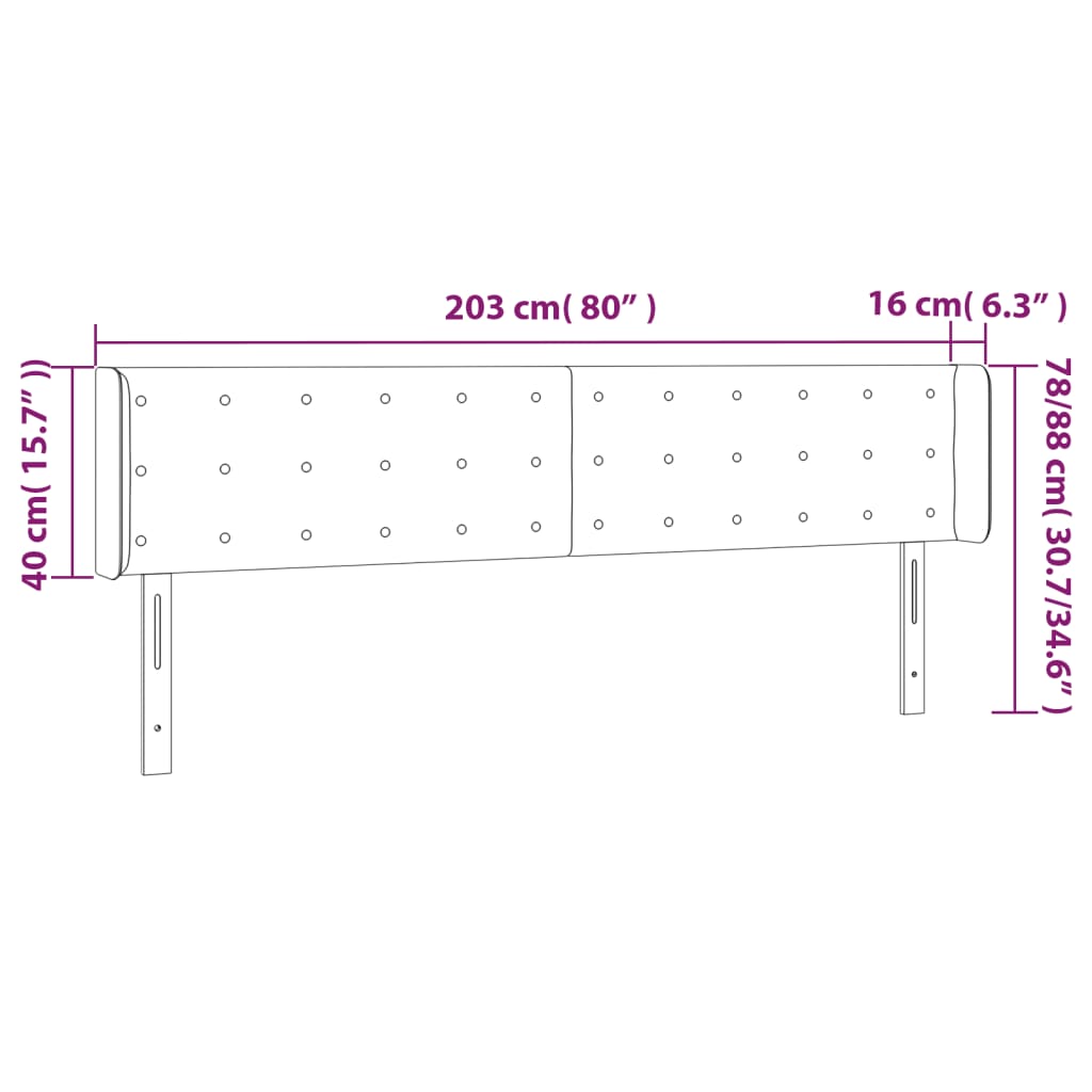 sengegavl med LED-lys 203x16x78/88 cm stof mørkegrå