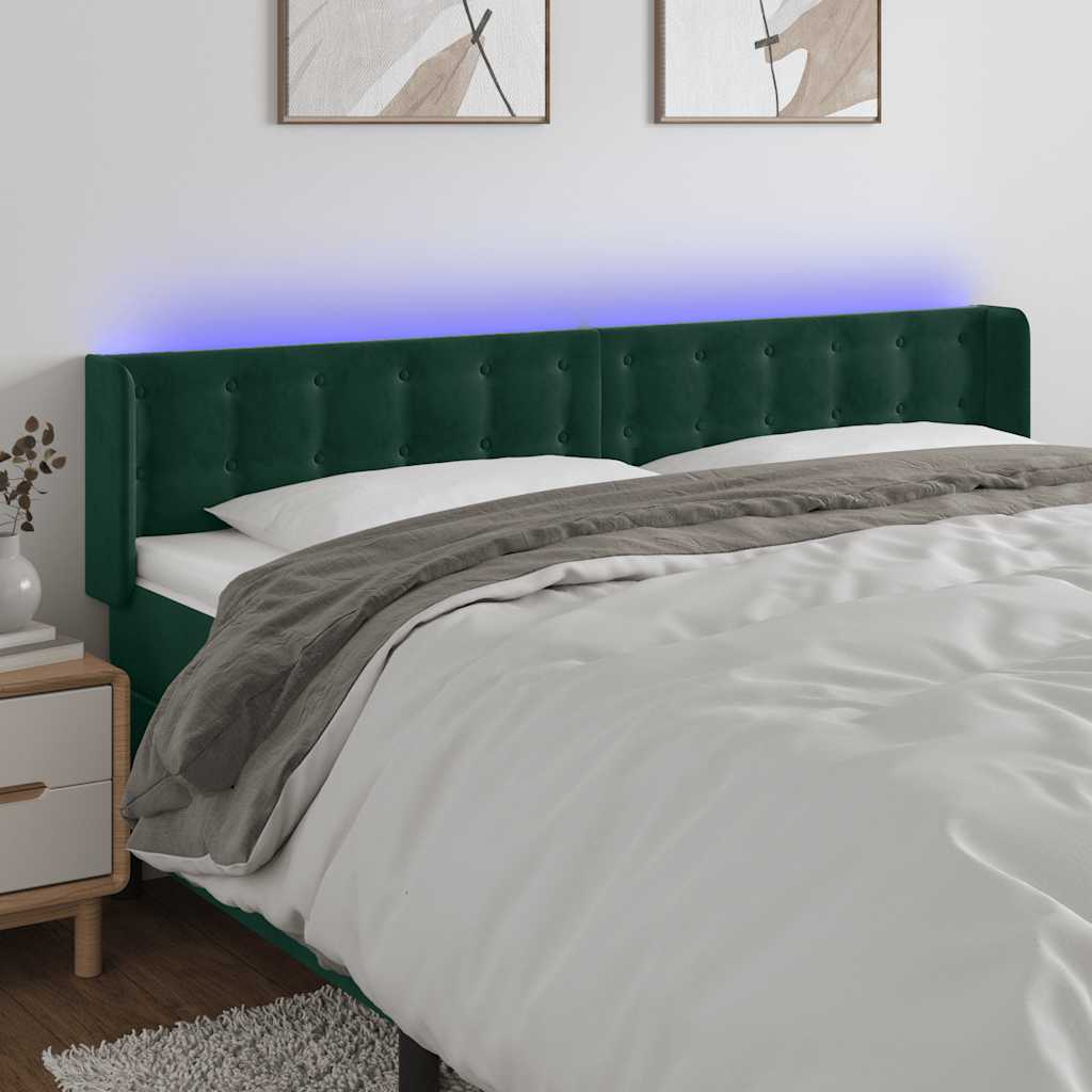 sengegavl med LED-lys 203x16x78/88 cm fløjl mørkegrøn