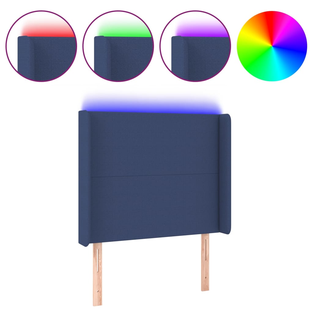 sengegavl med LED-lys 93x16x118/128 cm stof blå