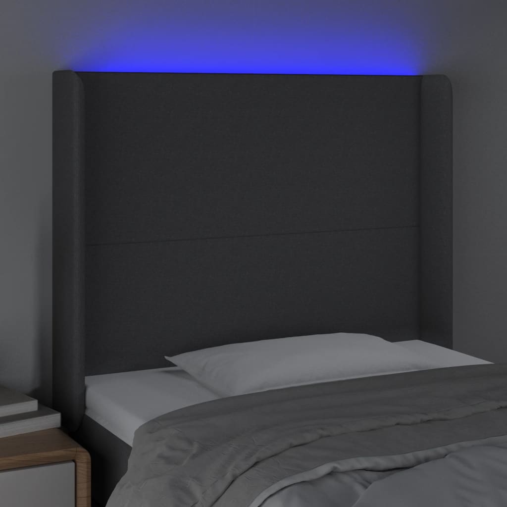 sengegavl med LED-lys 103x16x118/128 cm stof sort