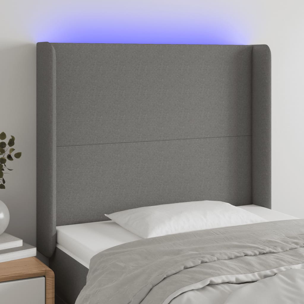 sengegavl med LED-lys 103x16x118/128 cm stof sort