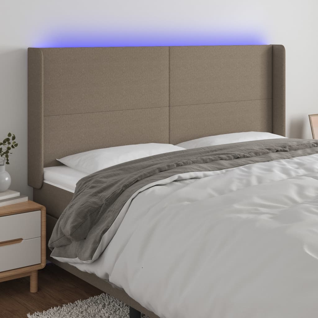 sengegavl med LED-lys 163x16x118/128 cm stof gråbrun