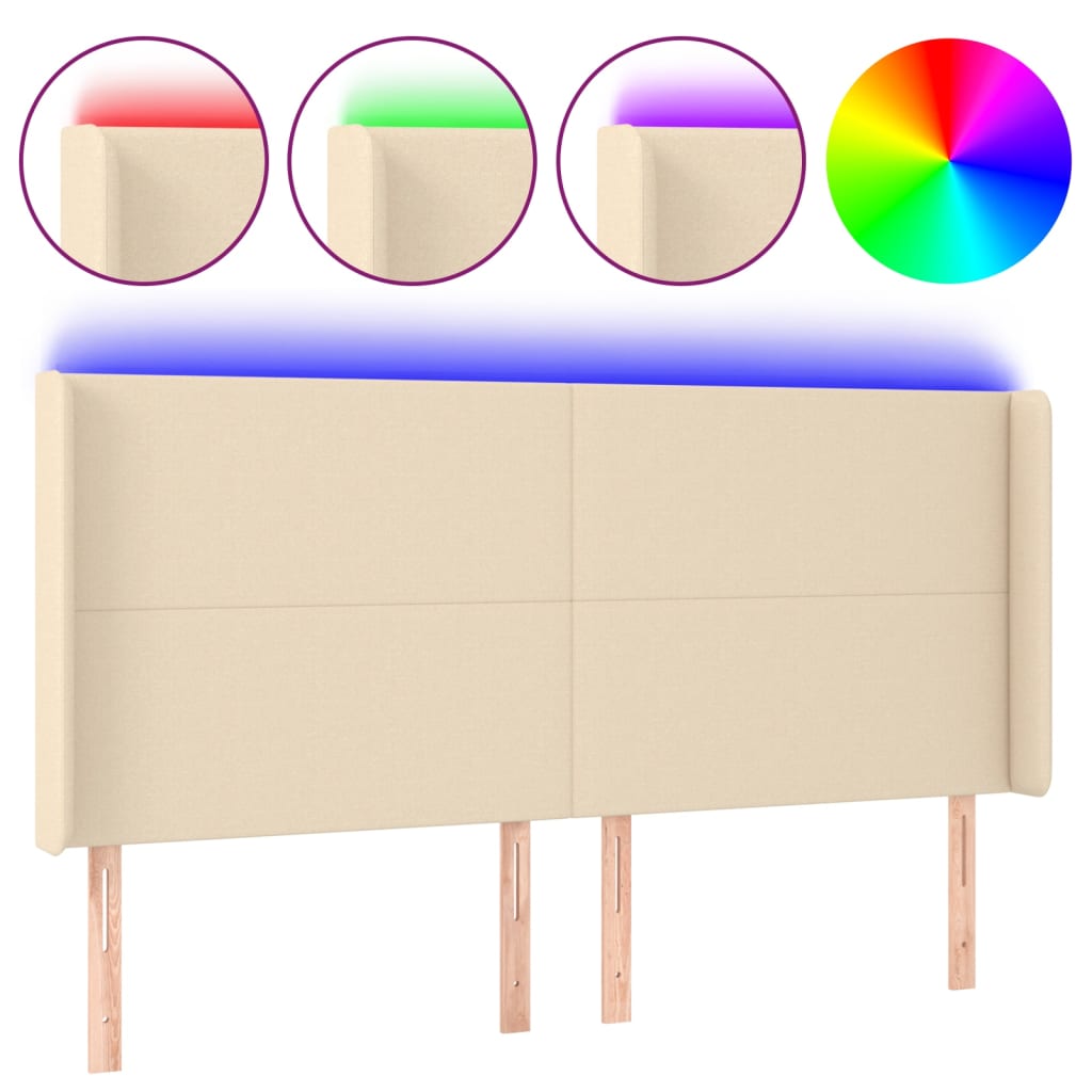 sengegavl med LED-lys 163x16x118/128 cm stof cremefarvet