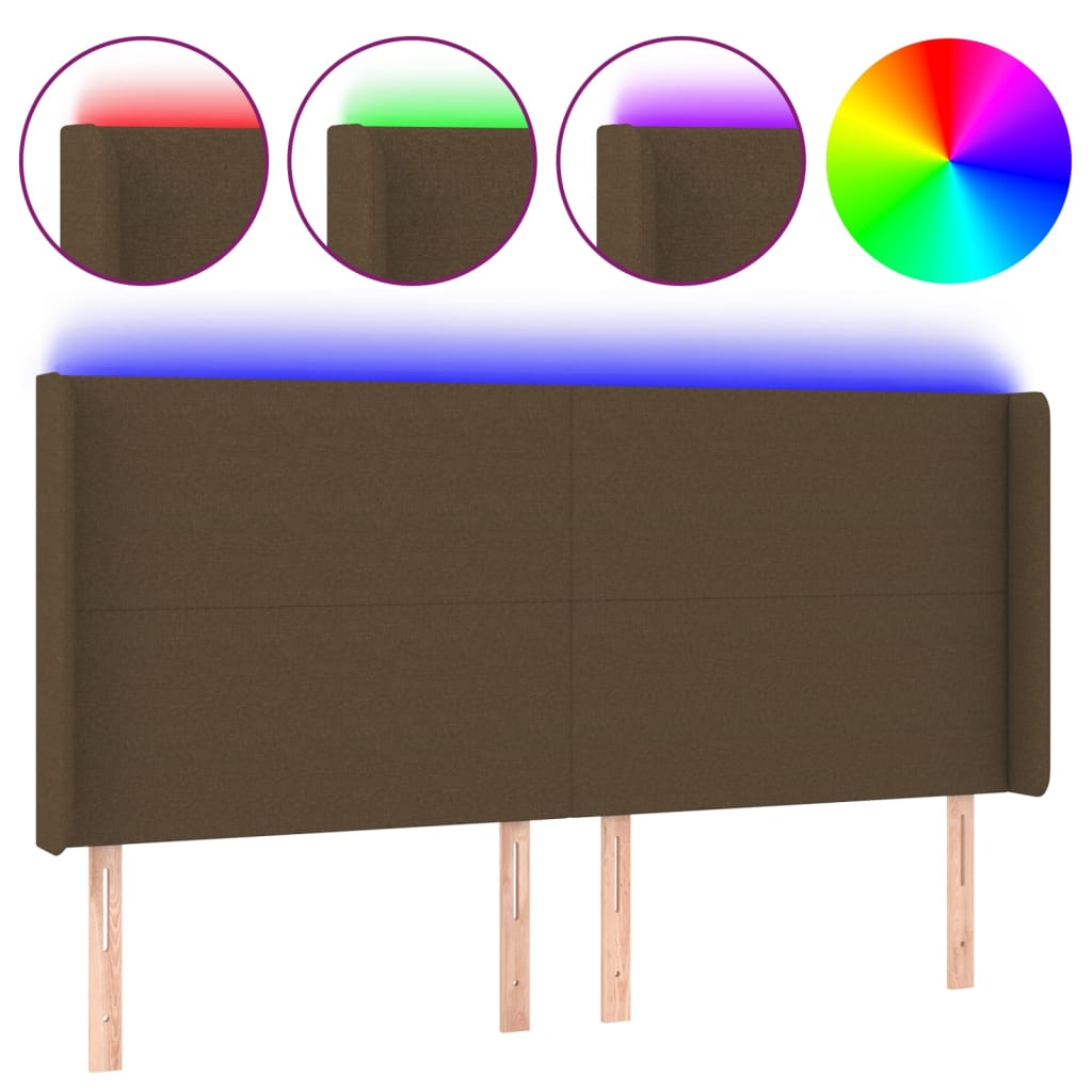 sengegavl med LED-lys 203x16x118/128 cm stof mørkebrun