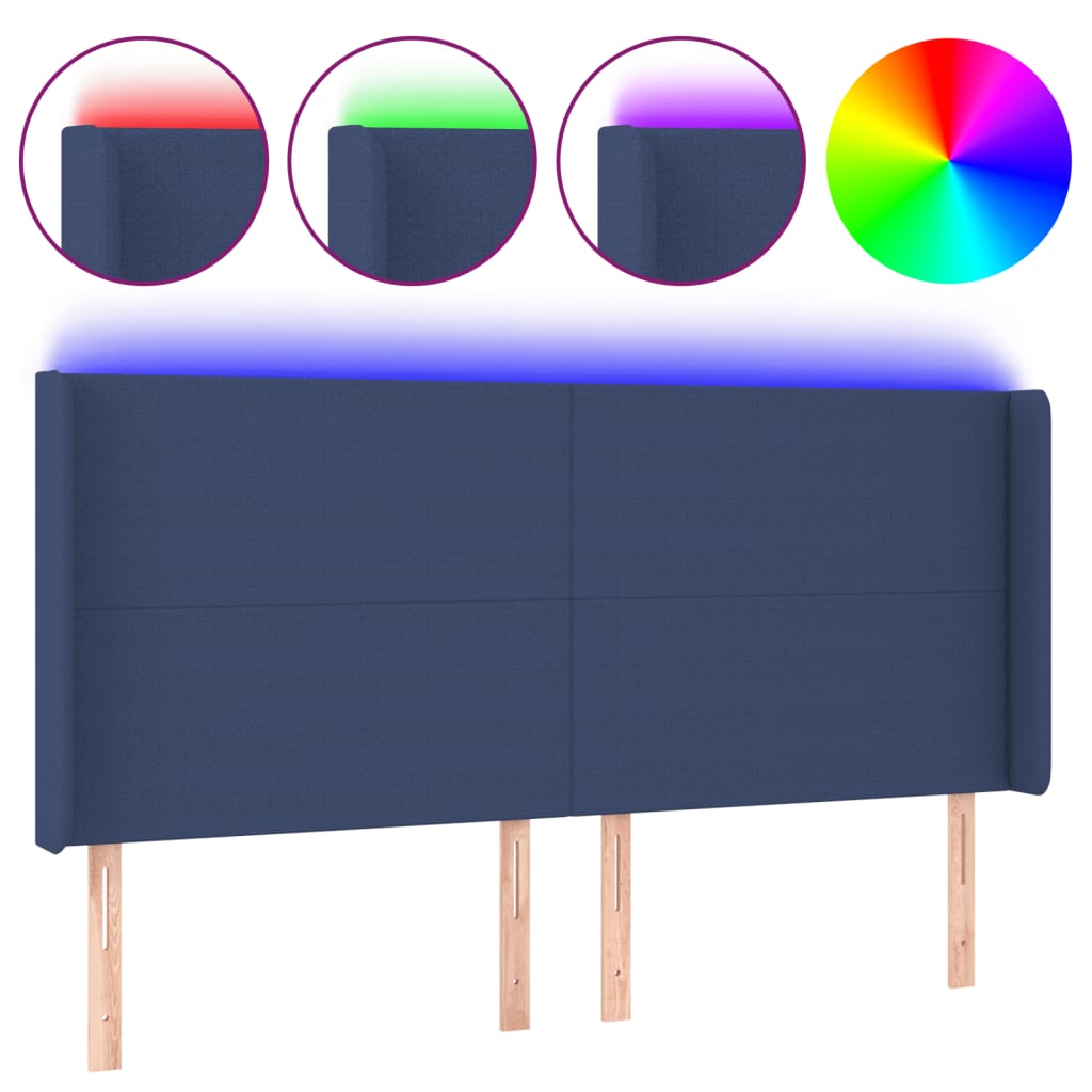 sengegavl med LED-lys 203x16x118/128 cm stof blå