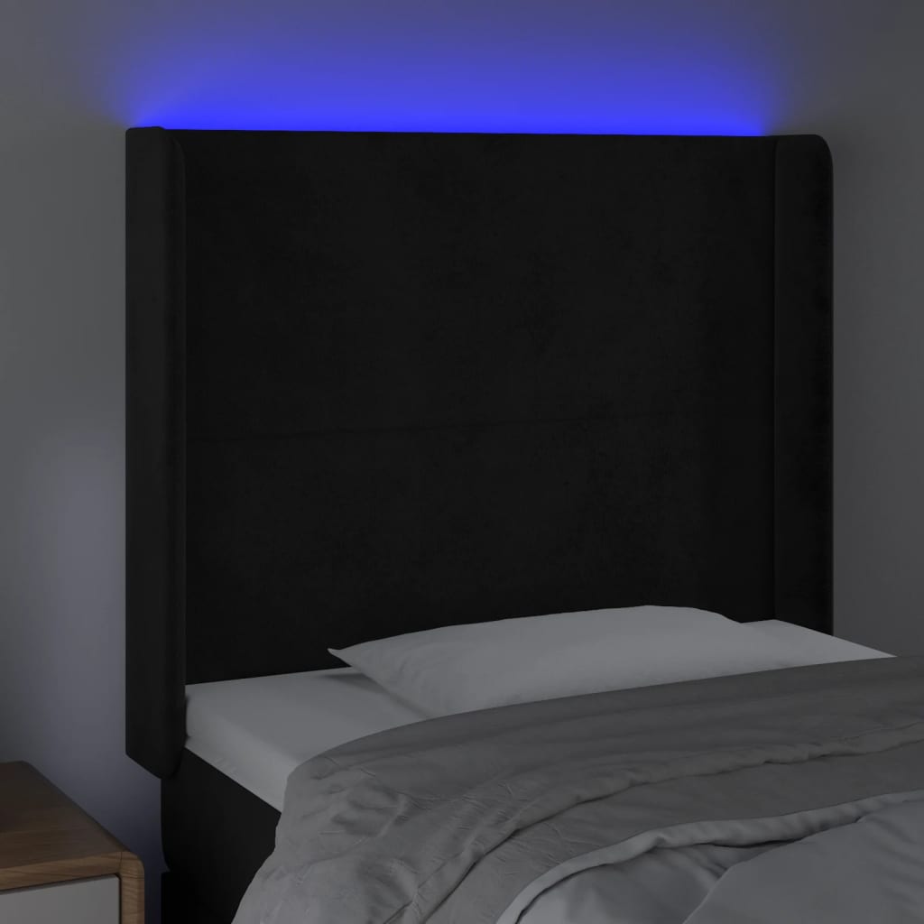 sengegavl med LED-lys 103x16x118/128 cm fløjl sort
