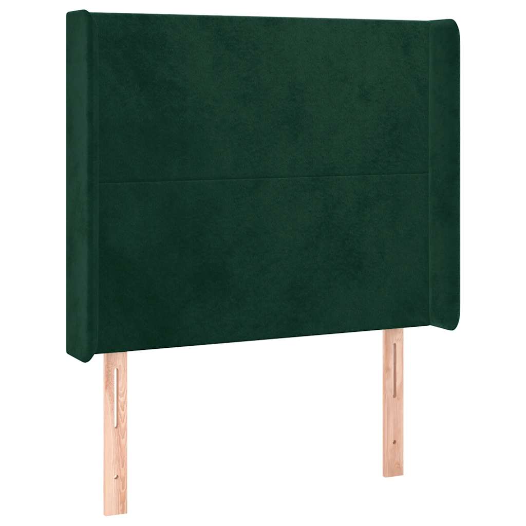 sengegavl med LED-lys 103x16x118/128 cm fløjl mørkegrøn
