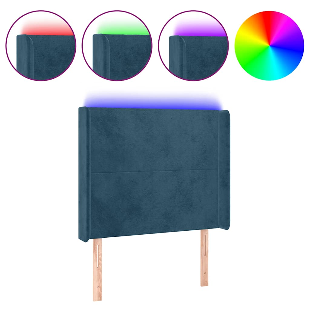 sengegavl med LED-lys 103x16x118/128 cm fløjl mørkeblå