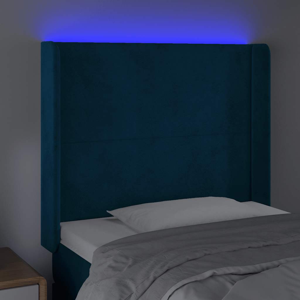 sengegavl med LED-lys 103x16x118/128 cm fløjl mørkeblå