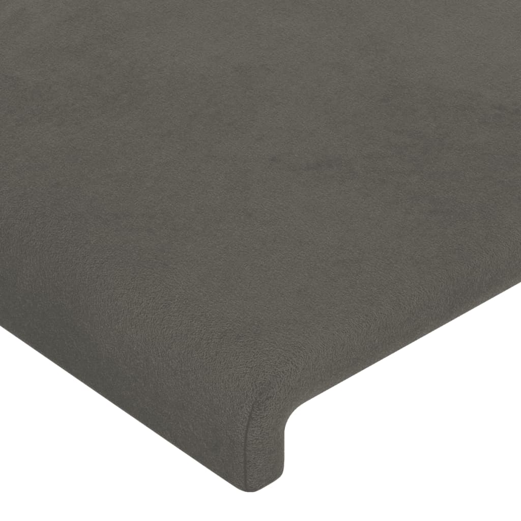sengegavl med LED-lys 147x16x118/128 cm fløjl mørkegrå
