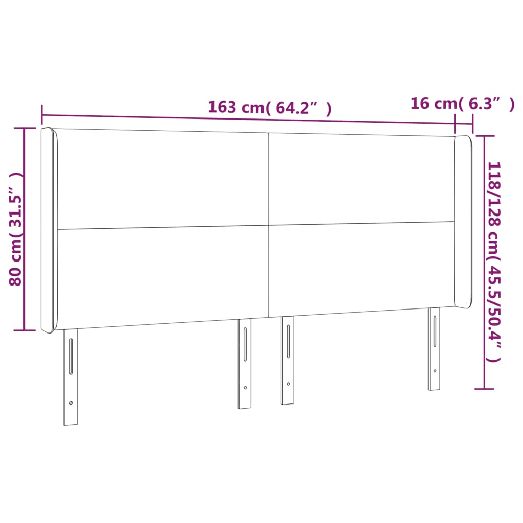 sengegavl med LED-lys 163x16x118/128 cm fløjl mørkegrå