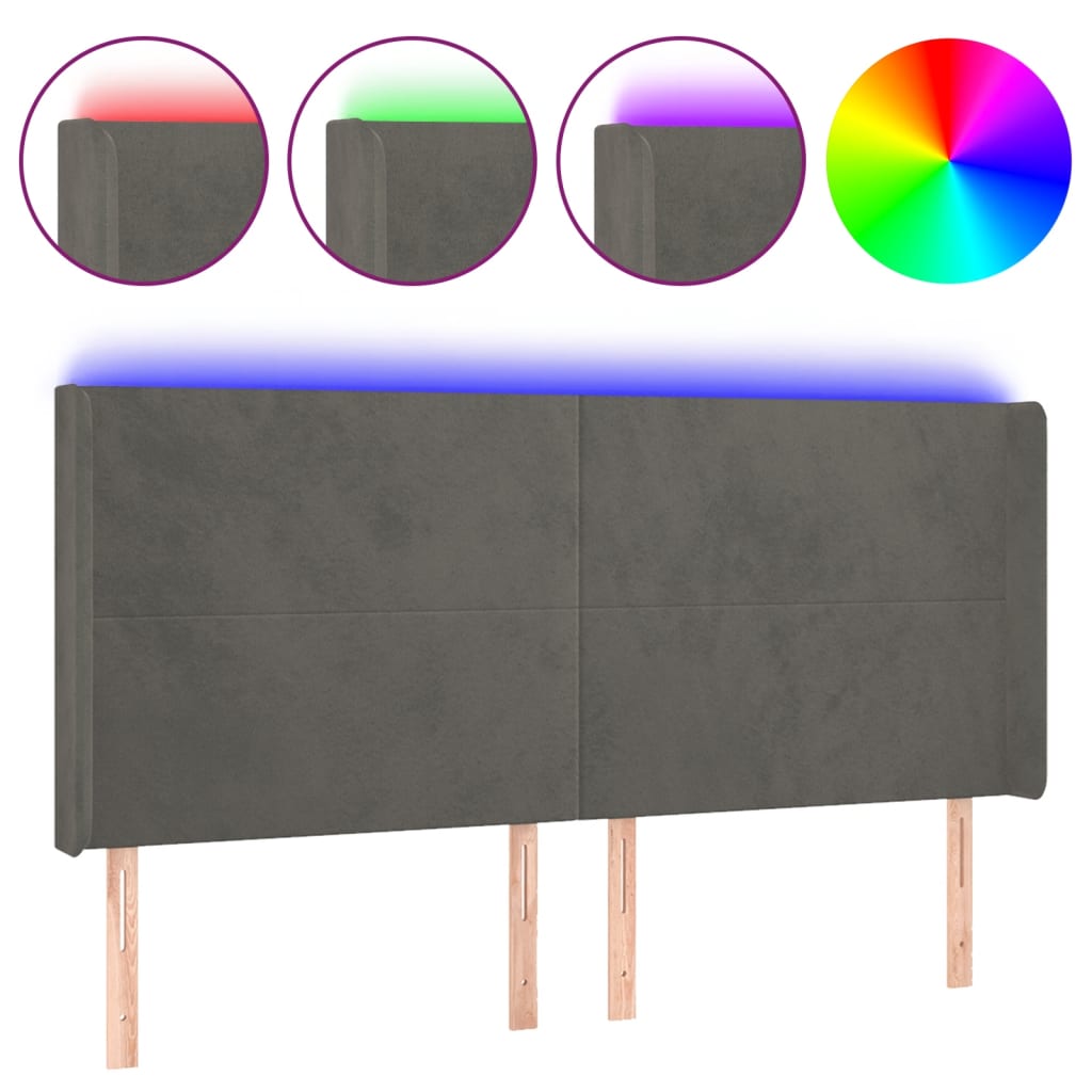 sengegavl med LED-lys 183x16x118/128 cm fløjl mørkegrå
