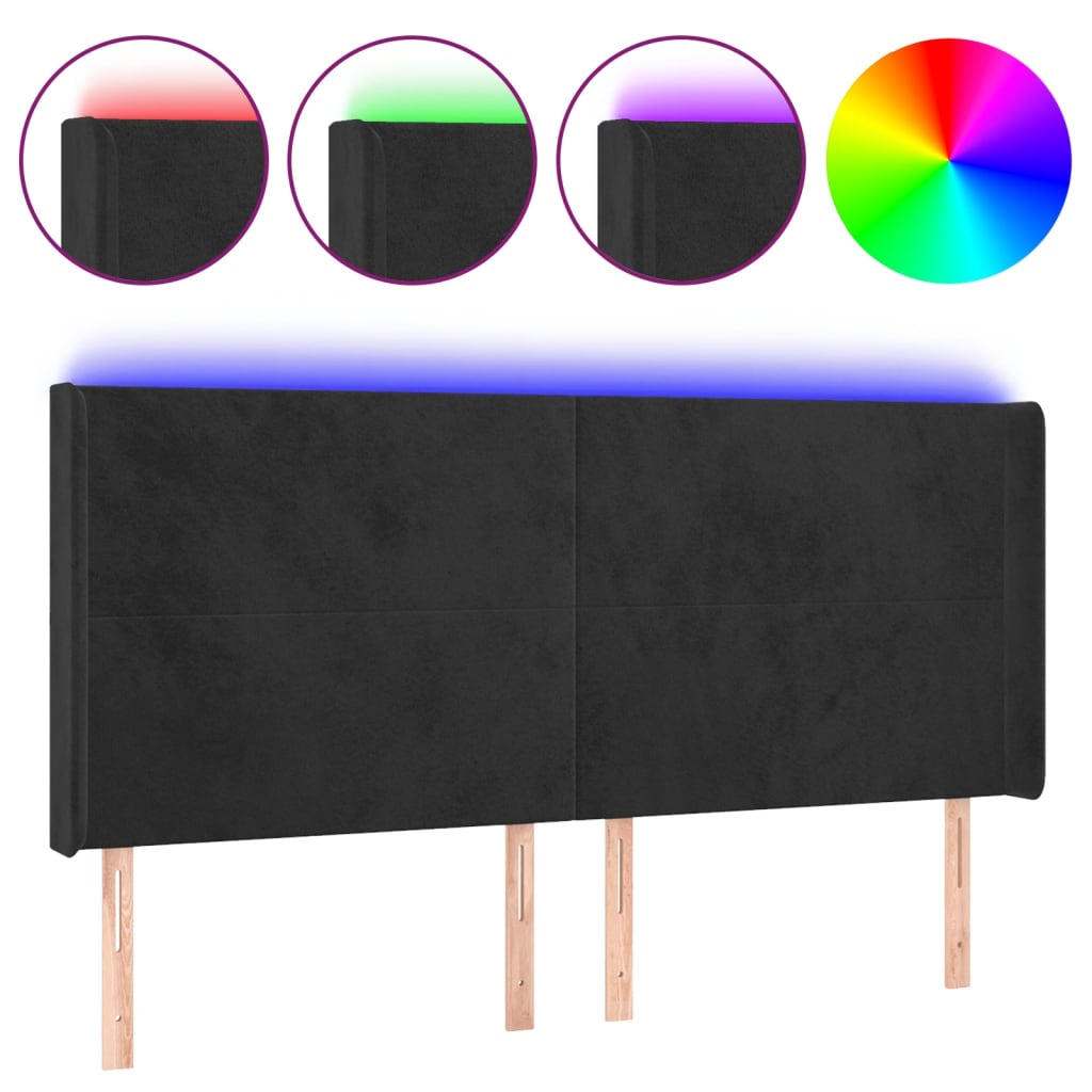 sengegavl med LED-lys 183x16x118/128 cm fløjl sort