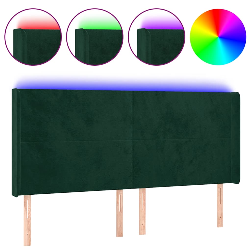 sengegavl med LED-lys 183x16x118/128 cm fløjl mørkegrøn