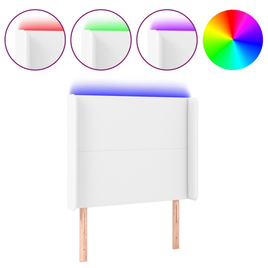 sengegavl med LED-lys 93x16x118/128 cm kunstlæder hvid