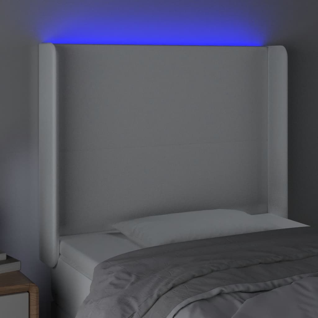 sengegavl med LED-lys 93x16x118/128 cm kunstlæder hvid