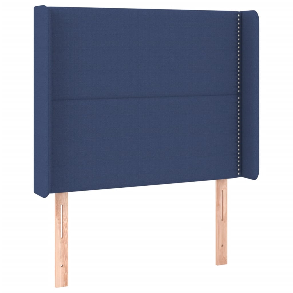 sengegavl med LED-lys 103x16x118/128 cm stof blå