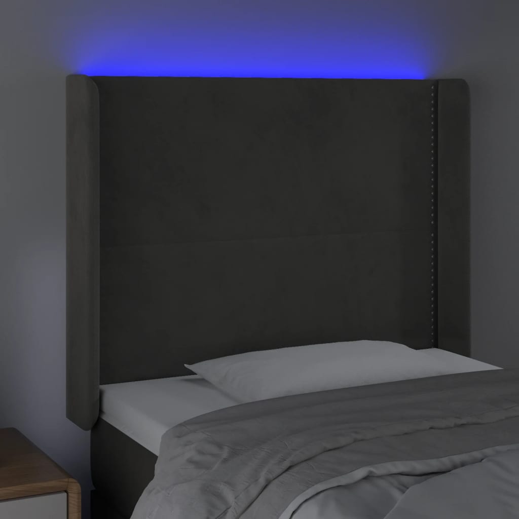 sengegavl med LED-lys 103x16x118/128 cm fløjl lysegrå