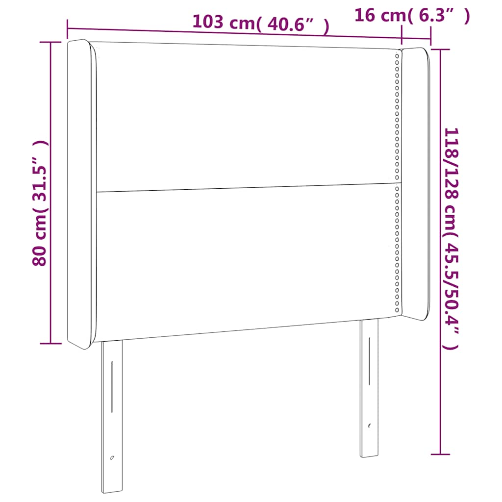 sengegavl med LED-lys 103x16x118/128 cm fløjl mørkeblå