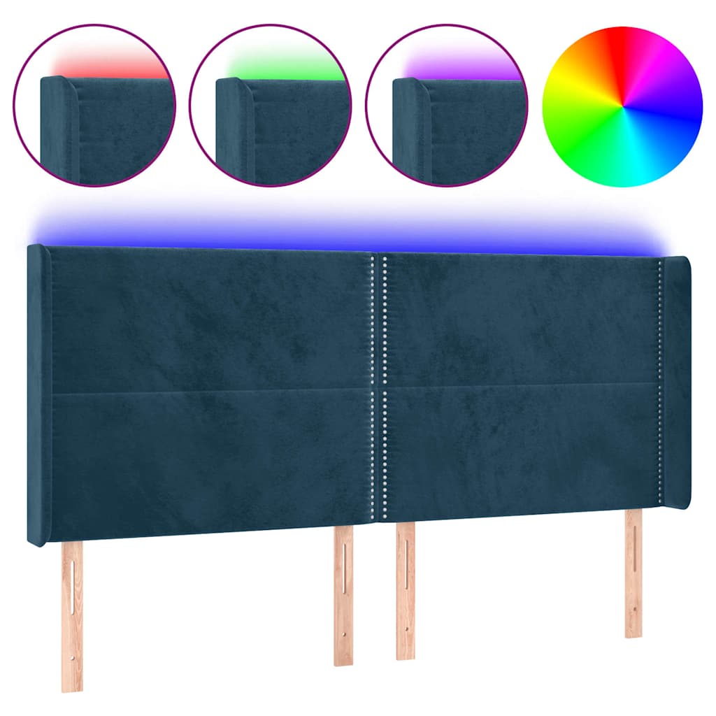 sengegavl med LED-lys 163x16x118/128 cm fløjl mørkeblå