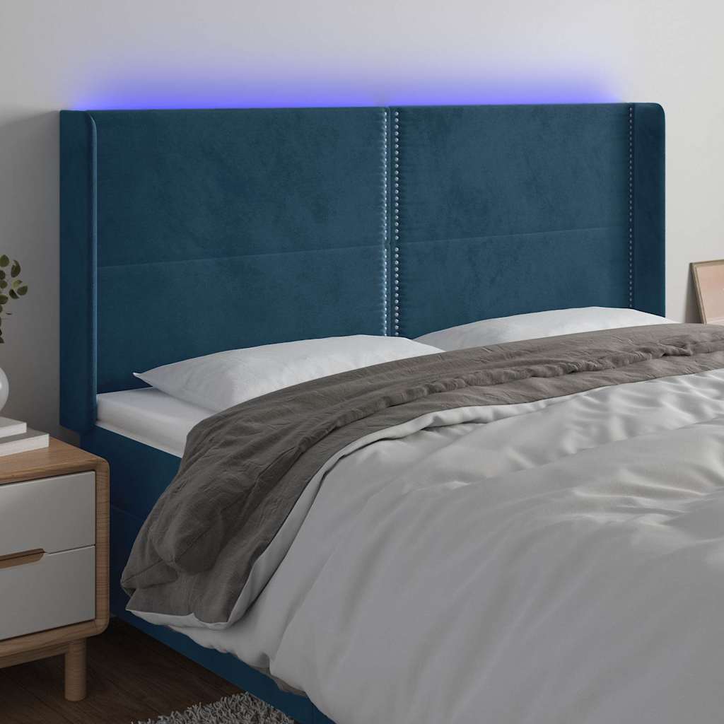 sengegavl med LED-lys 163x16x118/128 cm fløjl mørkeblå