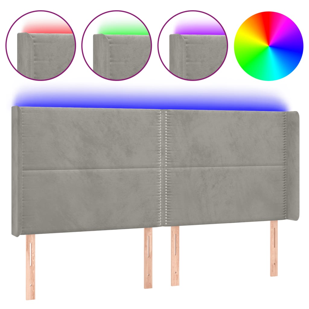 sengegavl med LED-lys 203x16x118/128 cm fløjl lysegrå