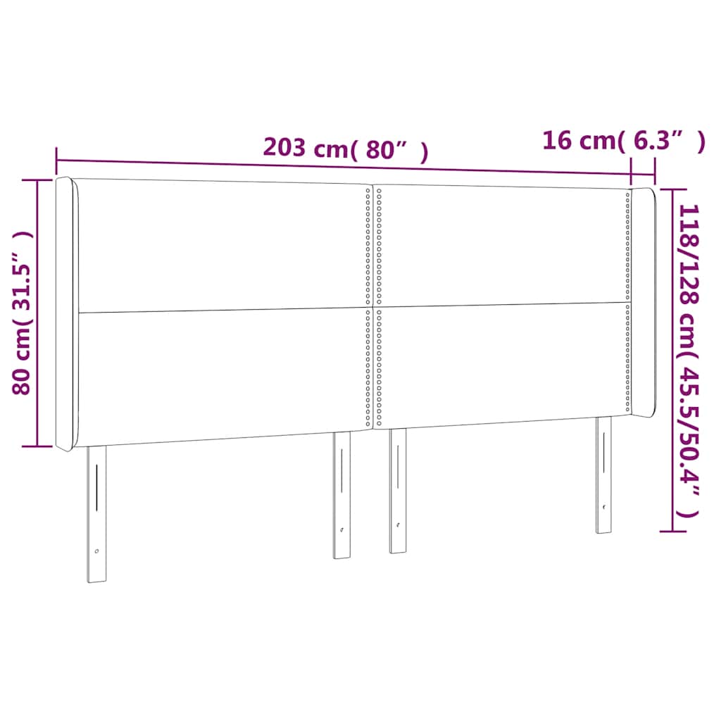 sengegavl med LED-lys 203x16x118/128 cm fløjl mørkeblå